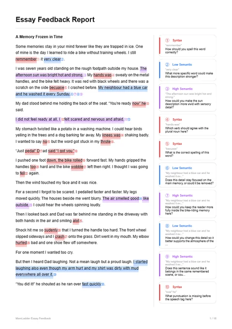 Report page 1 — the marked essay with margin annotations