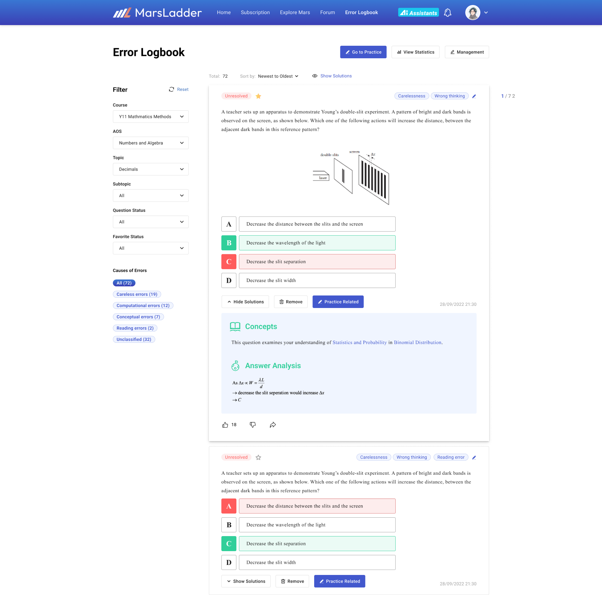 Error logbook — every wrong question auto-collected, tagged, and one tap from a review task