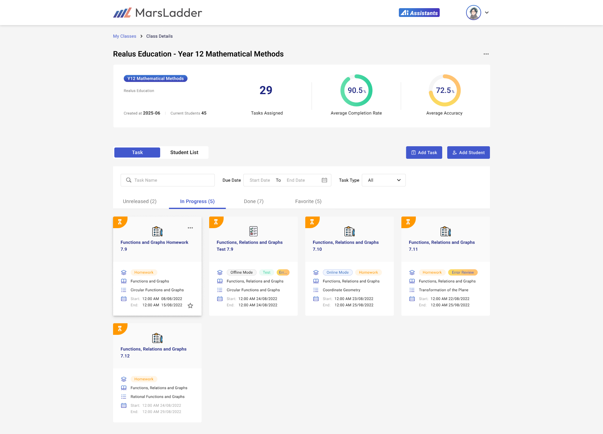 Task list — assigned, in-progress and done tasks with class completion and accuracy